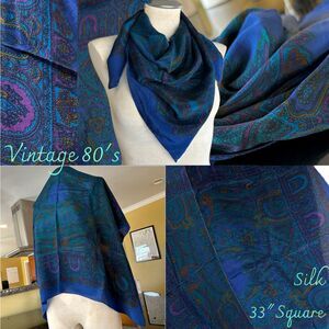 VTG Large Square Silk Cobalt Blue Teal Purple Jewel Toned Paisley Mosaic Scarf